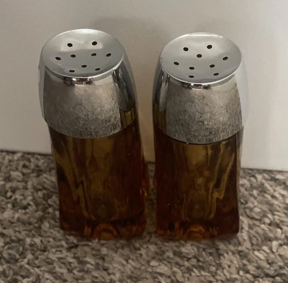 Vintage MCM Libbey Dark Amber Glass Salt and Pepper Shakers Hong Kong
